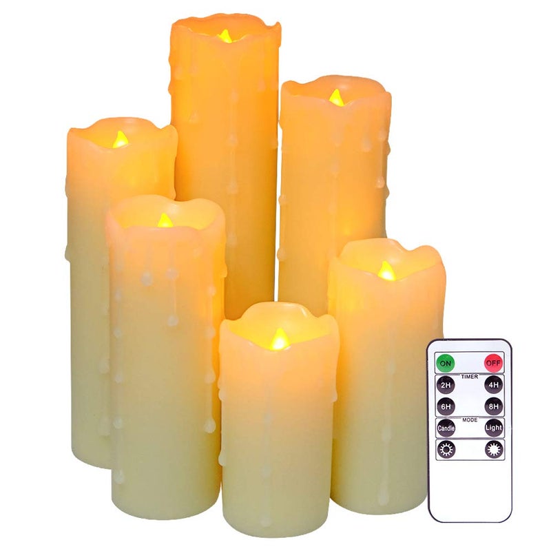 DRomance Flameless Flickering Candles Battery Operated with Remote and Timer, Set of 6 Dripping Wax LED Pillar Candles Halloween Christmas Holiday Indoor Decor(Ivory, 2.2 x 4-9 Inches) - Image 1